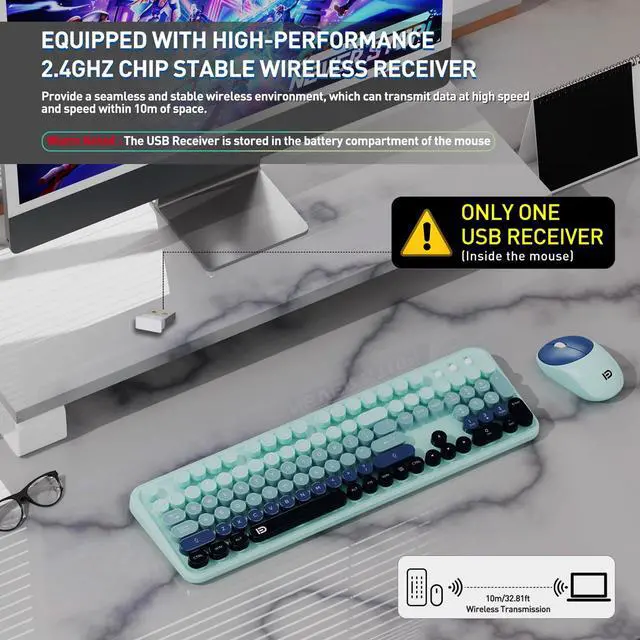 Alt view image 2 of 5 - Wireless Keyboard and Mouse Set, 104 Round Keys Full-Size Cute Colorful Keyboard and Mouse with Retro Typewriter for PC/Mac/Laptop/Tablet/Computer/Windows Blue