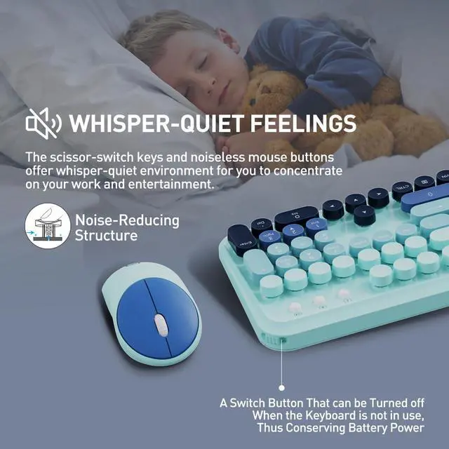 Alt view image 3 of 5 - Wireless Keyboard and Mouse Set, 104 Round Keys Full-Size Cute Colorful Keyboard and Mouse with Retro Typewriter for PC/Mac/Laptop/Tablet/Computer/Windows Blue
