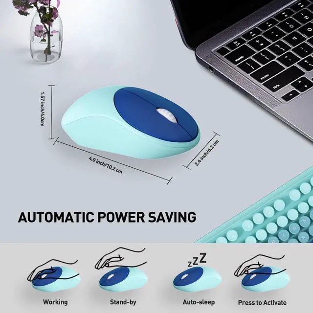 Alt view image 5 of 5 - Wireless Keyboard and Mouse Set, 104 Round Keys Full-Size Cute Colorful Keyboard and Mouse with Retro Typewriter for PC/Mac/Laptop/Tablet/Computer/Windows Blue