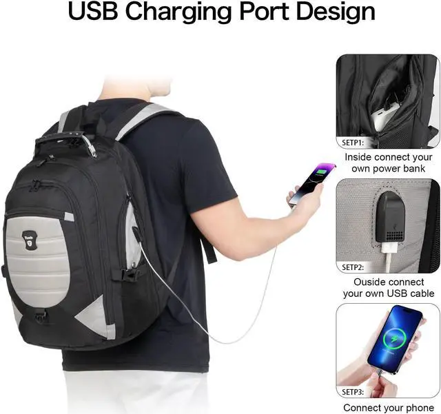 Alt view image 3 of 5 - Tzowla Travel Laptop Backpack for Men&Women,17.3" Computer Water Resistant Anti Theft TSA Friendly Backpacks with Lock and USB Charging Port,College Business Work Hiking Bookbag Daypack,Light Grey