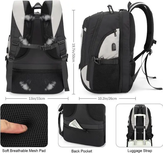 Alt view image 4 of 5 - Tzowla Travel Laptop Backpack for Men&Women,17.3" Computer Water Resistant Anti Theft TSA Friendly Backpacks with Lock and USB Charging Port,College Business Work Hiking Bookbag Daypack,Light Grey