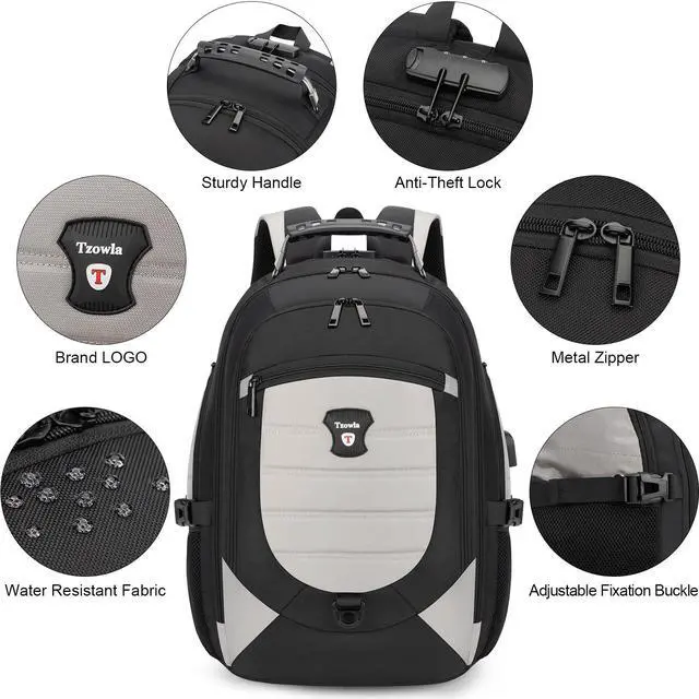 Alt view image 5 of 5 - Tzowla Travel Laptop Backpack for Men&Women,17.3" Computer Water Resistant Anti Theft TSA Friendly Backpacks with Lock and USB Charging Port,College Business Work Hiking Bookbag Daypack,Light Grey