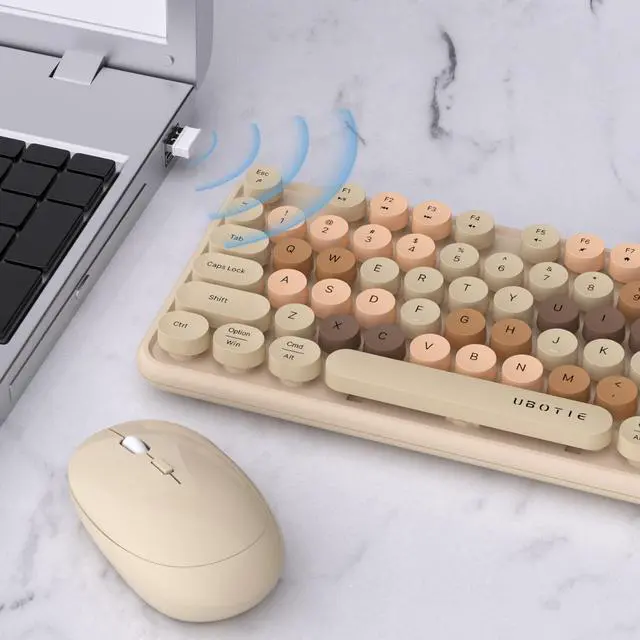 Alt view image 4 of 5 - UBOTIE Colorful Computer Wireless Keyboards Mouse Combos, Typewriter Flexible Keys Office Full-Sized Keyboard, 2.4GHz Dropout-Free Connection and Optical Mouse (Milk Tea -Colorful)