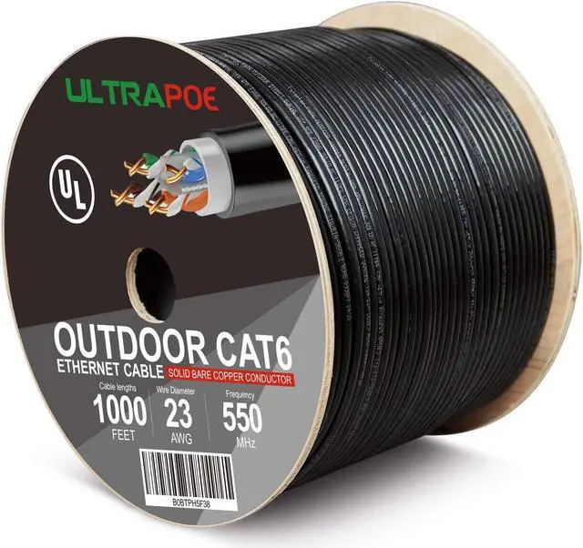 Main image of UltraPoE Outdoor Direct Burial Cat 6 Ethernet Cable 1000ft,Waterproof UV Resistant,23AWG Solid Bare Copper,550MHz,PoE++ (4PPoE),UL Listed,Unshielded UTP,CMX,Network Internet Wooden Axle Bulk Black