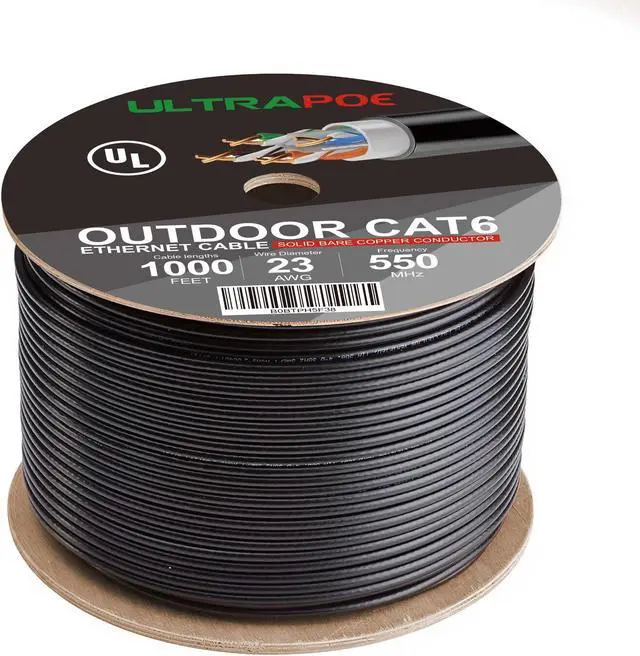Alt view image 2 of 5 - UltraPoE Outdoor Direct Burial Cat 6 Ethernet Cable 1000ft,Waterproof UV Resistant,23AWG Solid Bare Copper,550MHz,PoE++ (4PPoE),UL Listed,Unshielded UTP,CMX,Network Internet Wooden Axle Bulk Black