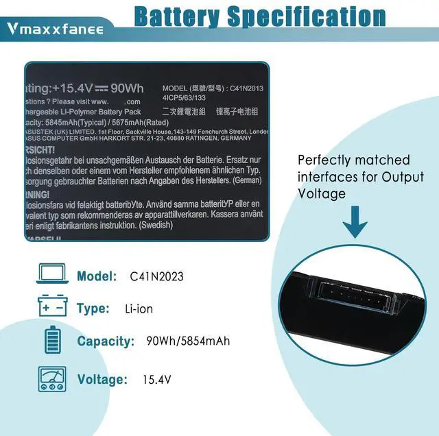 Alt view image 2 of 4 - Vmaxxfanee C41N2013 C41N2013-1 90Wh Laptop Battery Replacement for Asus TUF Gaming A17 FA707 A15 FA507 ROG Strix G513 G713 Scar G533 G733 Zephyrus GA502 GA503 S17 GX703 M16 GU603 ProArt Studiobook 445