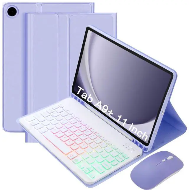 Main image of VLEAQC Keyboard Case for Samsung Galaxy Tab A9+/A9 Plus 11 Inch 2023 (SM-X210/X216/X218), Detachable Color Backlit Bluetooth Keyboard and Mouse, Slim Lightweight Stand Cover with Pen Holder (Purple)