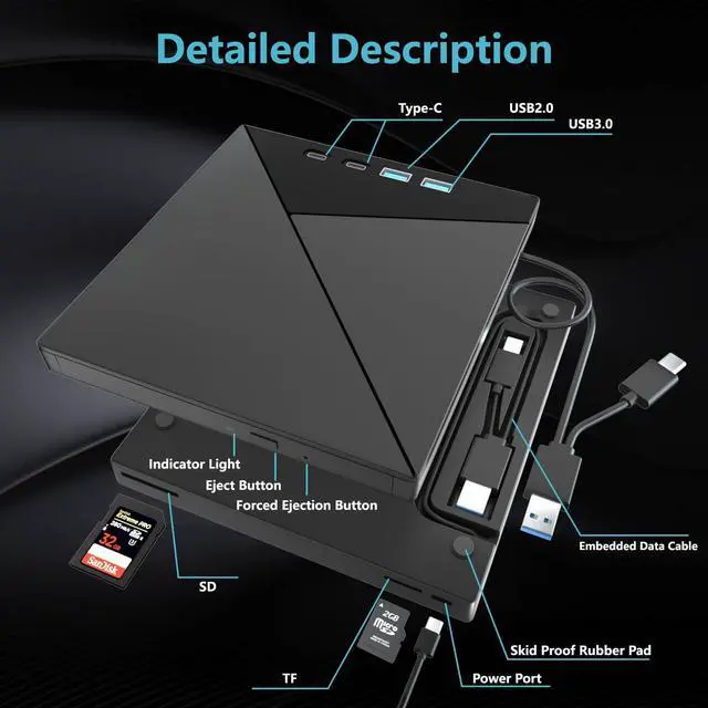Alt view image 2 of 5 - 7 in 1 External Blu Ray Drive, 4k Blu Ray Burner with USB 3.0 Type-C Portable Blu Ray Drive, CD DVD Burner 3D BD Player with SD/TF Ports, 4k Optical Drive Compatible with Windows MacOS Laptop Desktop