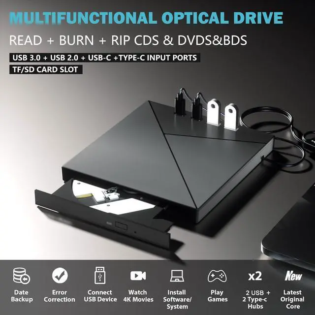 Alt view image 5 of 5 - 7 in 1 External Blu Ray Drive, 4k Blu Ray Burner with USB 3.0 Type-C Portable Blu Ray Drive, CD DVD Burner 3D BD Player with SD/TF Ports, 4k Optical Drive Compatible with Windows MacOS Laptop Desktop