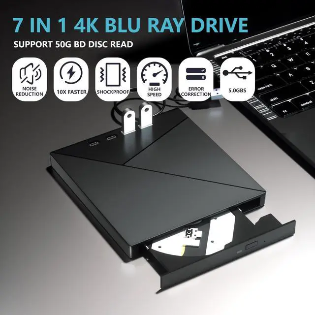 Alt view image 4 of 5 - 7 in 1 External Blu Ray Drive, 4k Blu Ray Burner with USB 3.0 Type-C Portable Blu Ray Drive, CD DVD Burner 3D BD Player with SD/TF Ports, 4k Optical Drive Compatible with Windows MacOS Laptop Desktop