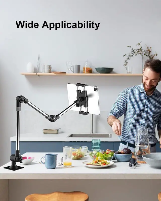 Alt view image 3 of 5 - Tablet Wall Mount, 35" Aluminum Alloy Foldable Arm, 360 Degree Angle Adjustable for Kitchen/Desk, Compatible with 4.7-13" Tablet Like iPad Pro, Air, Mini, iPhone, Galaxy, Fire, Switch, Camera, Webcam
