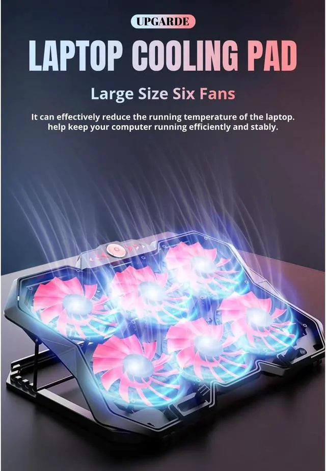 Alt view image 2 of 5 - Laptop Cooling Pad, 6 Height, Silent Design with Large Size Compatibility and Efficient Heat Dissipation for 19in Laptops, Gaming Notebook Cooler, Metal Mesh Chill Mat