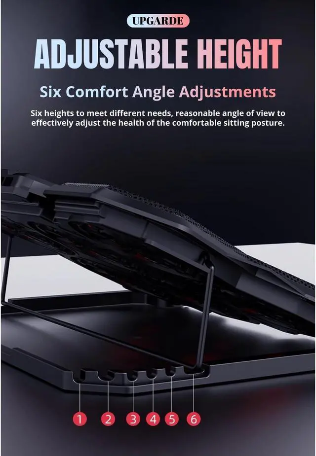 Alt view image 4 of 5 - Laptop Cooling Pad, 6 Height, Silent Design with Large Size Compatibility and Efficient Heat Dissipation for 19in Laptops, Gaming Notebook Cooler, Metal Mesh Chill Mat
