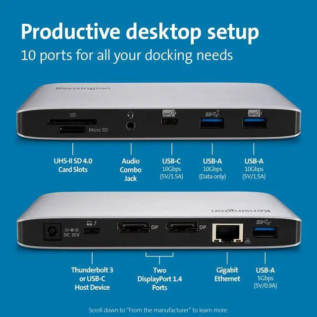 Alt view image 3 of 5 - Kensington SD2500T Thunderbolt 3 and USB-C Docking Station for Windows, MacBooks, and Surface; Dual 4K, 60W PD