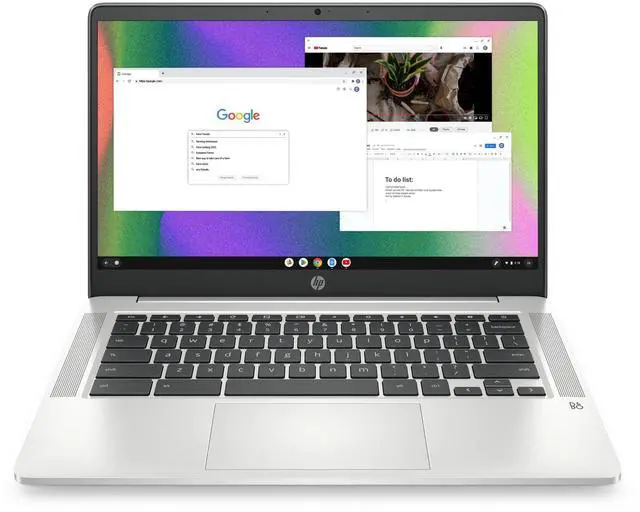Main image of HP Chromebook 14 Laptop, Intel Celeron N4120, 4 GB RAM, 64 GB eMMC, 14" HD Display, Chrome OS, Thin Design, 4K Graphics, Long Battery Life, Ash Gray Keyboard (14a-na0226nr, 2022, Mineral Silver)
