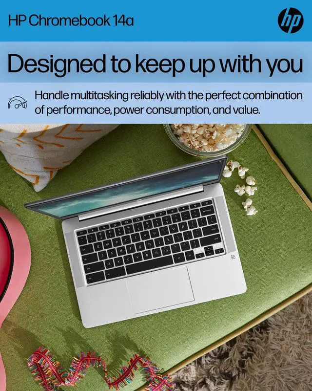 Alt view image 2 of 5 - HP Chromebook 14 Laptop, Intel Celeron N4120, 4 GB RAM, 64 GB eMMC, 14" HD Display, Chrome OS, Thin Design, 4K Graphics, Long Battery Life, Ash Gray Keyboard (14a-na0226nr, 2022, Mineral Silver)