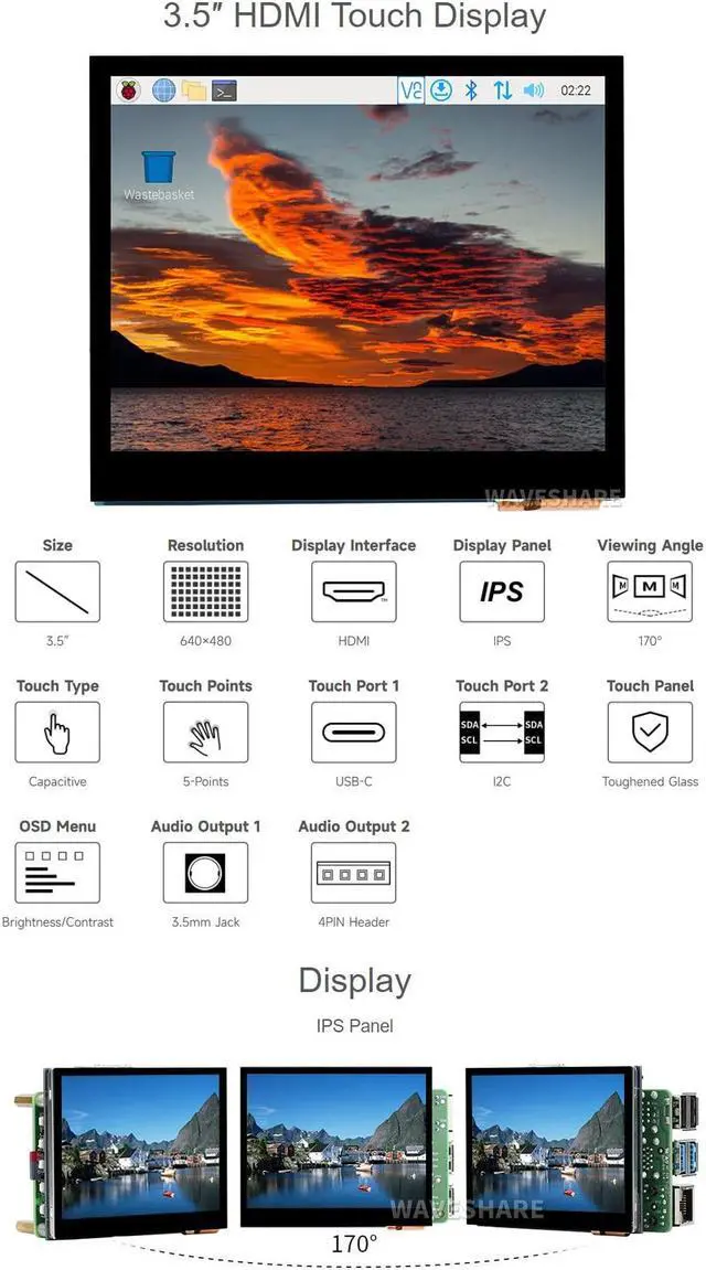 Alt view image 3 of 5 - Waveshare 3.5inch HDMI LCD, Compatible with Raspberry Pi 5/4B/3B/Zero/Zero W/Zero 2W/Pico/Pico W/Pico WH, Capacitive Touch IPS LCD Display, 640×480, Audio Jack