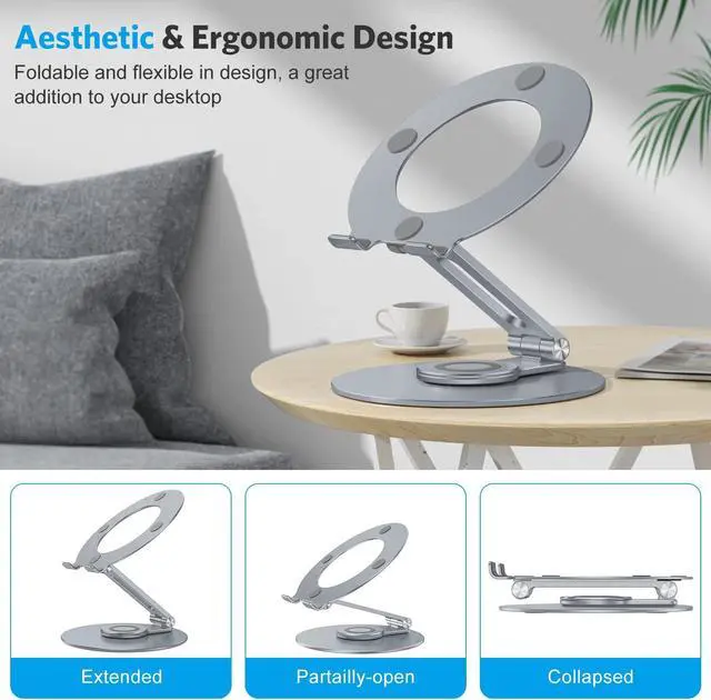 Alt view image 5 of 5 - OMOTON Adjustable Laptop Stand with 360 Rotating Base, Ergonomic Laptop Riser for Collaborative Work, Dual Rotary Shaft Fully Foldable for Easy Storage, Fits All Laptops up to 16 inches, CoolGrey