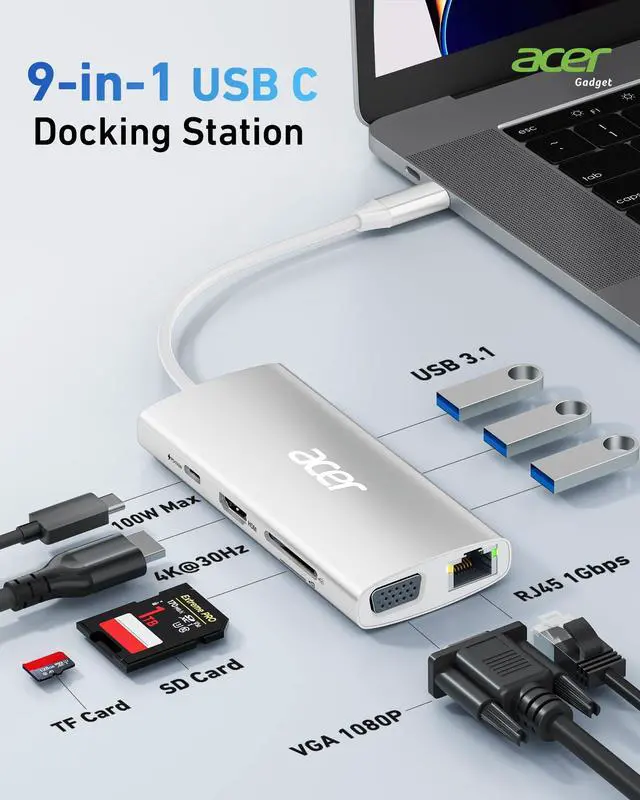 Alt view image 2 of 5 - Acer USB C Hub with 4K HDMI, 9-in-1 USB C to Ethernet Adapter, 5Gbps USBA 3.0 Docking Station, VGA Splitter, SD Card Reader, PD 100W Charging for MacBook, Acer, Laptops, Surface and More (Silver)