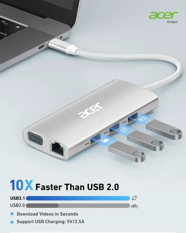 Alt view image 3 of 5 - Acer USB C Hub with 4K HDMI, 9-in-1 USB C to Ethernet Adapter, 5Gbps USBA 3.0 Docking Station, VGA Splitter, SD Card Reader, PD 100W Charging for MacBook, Acer, Laptops, Surface and More (Silver)