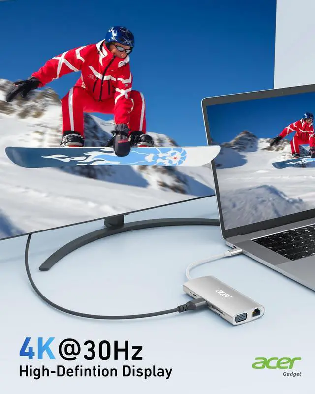 Alt view image 4 of 5 - Acer USB C Hub with 4K HDMI, 9-in-1 USB C to Ethernet Adapter, 5Gbps USBA 3.0 Docking Station, VGA Splitter, SD Card Reader, PD 100W Charging for MacBook, Acer, Laptops, Surface and More (Silver)