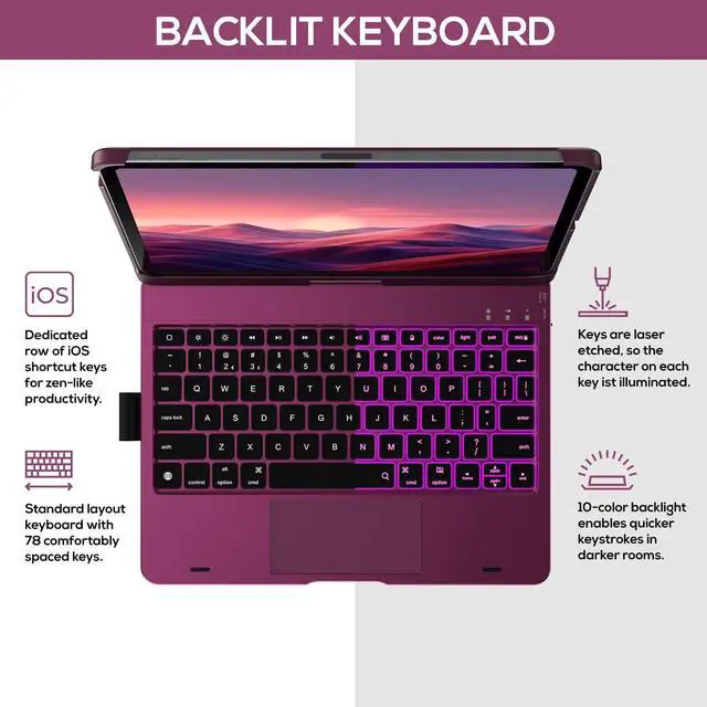 Alt view image 3 of 5 - typecase Touch Keyboard Case with Trackpad for iPad Air 11-inch (M3 2025 / M2 2024): 360°Rotatable - 11 Colors Backlight - Wireless Keyboard with Pencil Holder for iPad Air 5th & 4th Gen,Raspberry