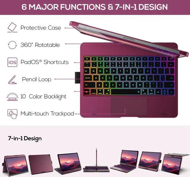Alt view image 5 of 5 - typecase Touch Keyboard Case with Trackpad for iPad Air 11-inch (M3 2025 / M2 2024): 360°Rotatable - 11 Colors Backlight - Wireless Keyboard with Pencil Holder for iPad Air 5th & 4th Gen,Raspberry
