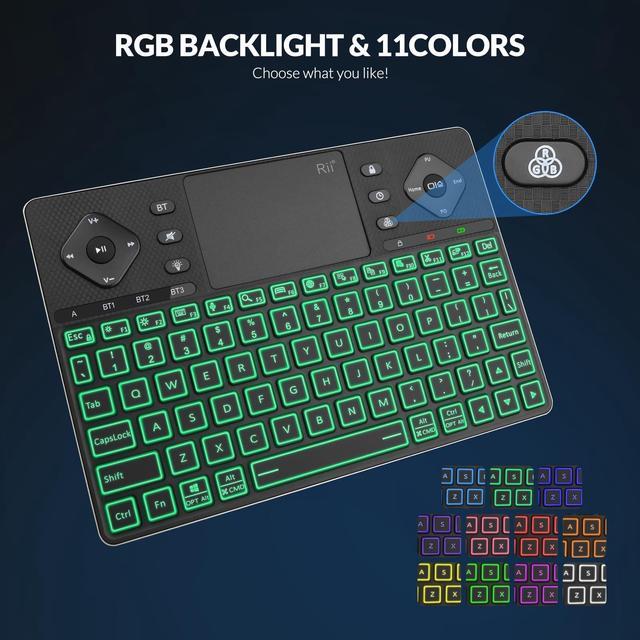 Alt view image 4 of 5 - Rii Wireless K16 Bluetooth Keyboard with Touchpad - Rechargeable RGB Backlit - Compact Multimedia Keyboard for Android TV, Projector, Smart TV, Tablet, iPad, PC, Laptop