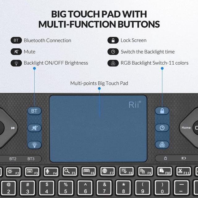 Alt view image 3 of 5 - Rii Wireless K16 Bluetooth Keyboard with Touchpad - Rechargeable RGB Backlit - Compact Multimedia Keyboard for Android TV, Projector, Smart TV, Tablet, iPad, PC, Laptop