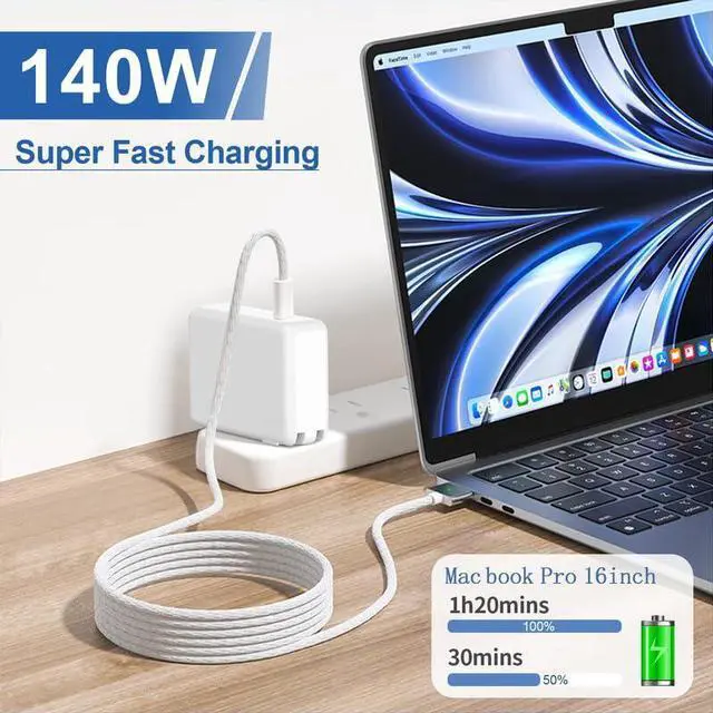 Alt view image 2 of 5 - 140W Charger for Mac Book Pro 14 16 inch 2024 2023 2021, Mac Book Air 13 15 inch 2024 2023 2022 M3 M2 M1, with LED 6.6FT USB-C to 3 Braided Cable, Original Quality, Powerful Connect