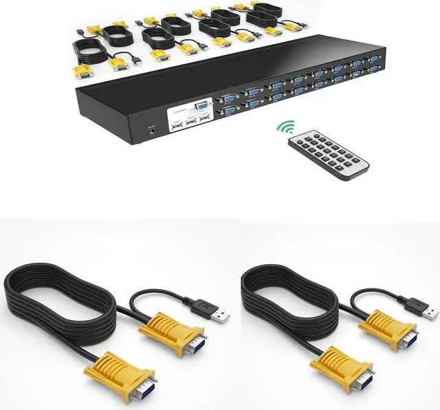 Main image of MT-VIKI 16 Port VGA KVM Switch+ 2 Packs 10ft 2-in-1 USB VGA KVM Cable