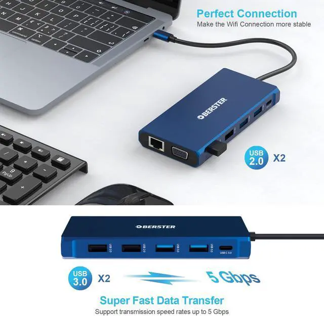 Alt view image 5 of 5 - OBERSTER Laptop Docking Station Dual HDMI Adapter, 12 in 1 Triple Display Thunderbolt 3 USB C Hub with 2 HDMI 4K, VGA, Ethernet, 100W PD, USB-C, 4 USB, SD/TF for HP/Lenovo/MacBook Pro, Blue