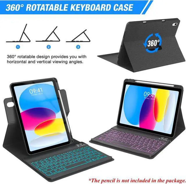 Alt view image 3 of 5 - BLUTLOTUS Keyboard Case for iPad 10th Generation 2022 10.9 inch,360deg Rotatable Keyboard Case with Pencil Holder, 7 Color Backlit Detachable Bluetooth Keyboard,Smart Folio Tablet Cover (Black)