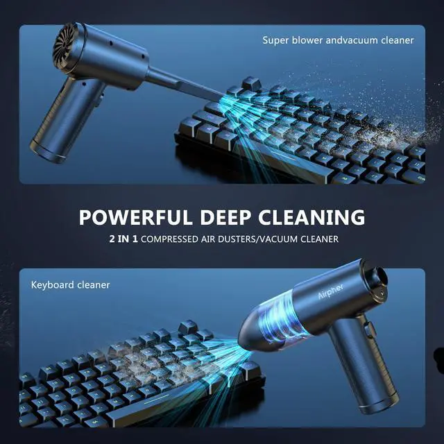 Alt view image 2 of 5 - Compressed air Duster, 3 Gear Adjustable 70000RPM Electric Air Duster & Vacuum Cleaner 2 in 1 with LED Light, Cordless air Blower for Computer Keyboard Car Cleaning 7600mAh Rechargeable Dust Remover