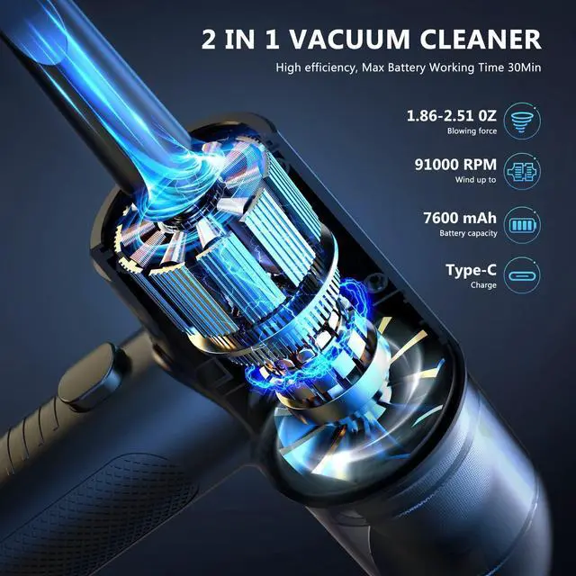 Alt view image 5 of 5 - Compressed air Duster, 3 Gear Adjustable 70000RPM Electric Air Duster & Vacuum Cleaner 2 in 1 with LED Light, Cordless air Blower for Computer Keyboard Car Cleaning 7600mAh Rechargeable Dust Remover