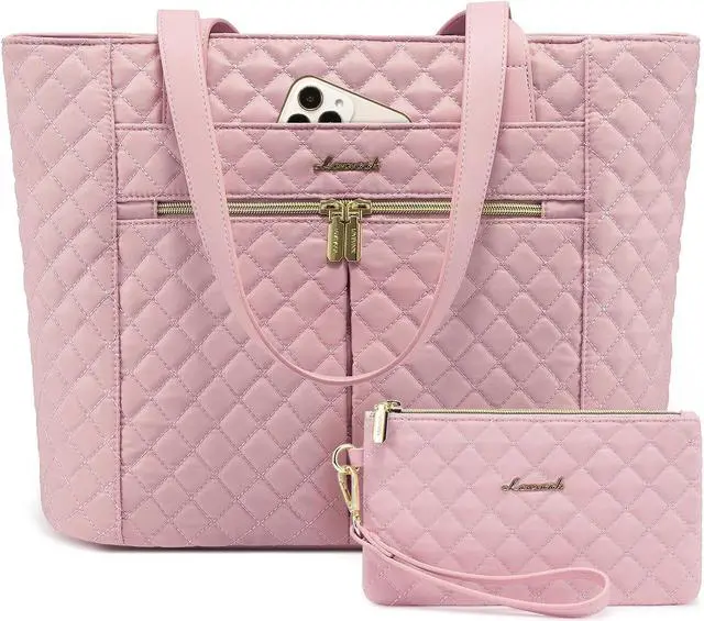 Main image of LOVEVOOK Laptop Bag for Women 15.6 inch,Diamond Quilted Work Womens Laptops Tote Bag Computer Shoulder Bags,Stylish Travel Tote Bag Laptop Purse Case Briefcase Handbag with Clutch Purse,Pink