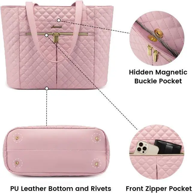 Alt view image 4 of 5 - LOVEVOOK Laptop Bag for Women 15.6 inch,Diamond Quilted Work Womens Laptops Tote Bag Computer Shoulder Bags,Stylish Travel Tote Bag Laptop Purse Case Briefcase Handbag with Clutch Purse,Pink