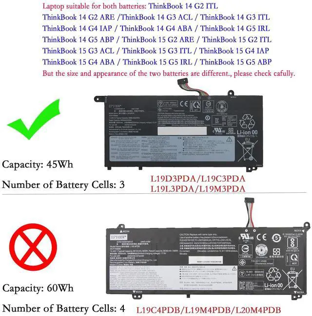 Alt view image 2 of 5 - EPYOBW L19D3PDA Laptop Battery 45Wh Compatible with Lenovo ThinkBook 14 G2 ITL are / 14 G3 ACL ITL / 14 G4 ABA IAP / 15 G2 ITL are / 15 G3 ACL ITL / 15 G4 ABA IAP Series L19M3PDA L19C3PDA L19L3PDA