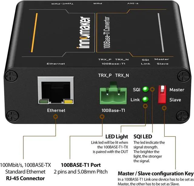 Alt view image 3 of 5 - innomaker 100BASE Ethernet Media Converter Device 2-Wire Ethernet 100BASE-T1 to Fast 100BASE-TX Automotive IEEE Compliant with 100Mbit/s Fullduplex Transmit