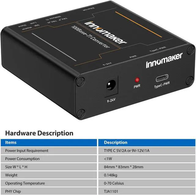 Alt view image 2 of 5 - innomaker 100BASE Ethernet Media Converter Device 2-Wire Ethernet 100BASE-T1 to Fast 100BASE-TX Automotive IEEE Compliant with 100Mbit/s Fullduplex Transmit