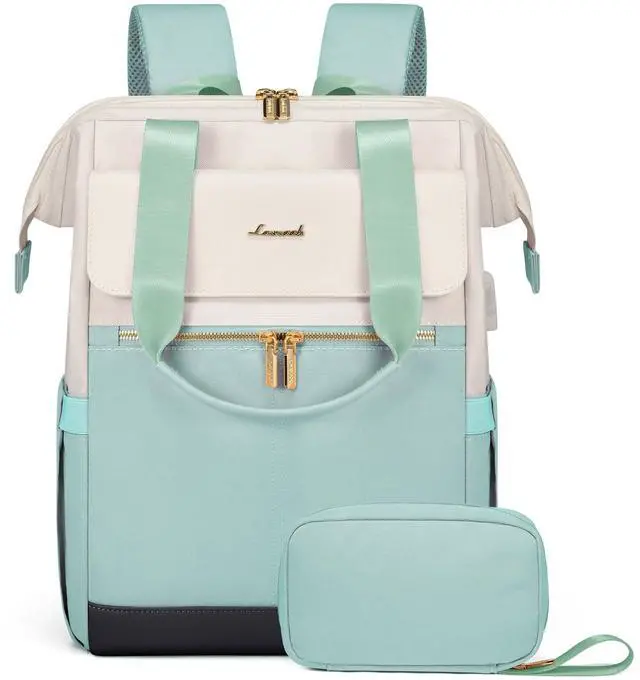 Main image of LOVEVOOK Laptop Backpack for Women, 15.6 Inch Work Laptop Bag with USB Port, Fashion Teacher Nurse Backpack Purse, Waterproof Travel Computer Backpack with Organizer Bag, 2PCS, Beige-Mint Green