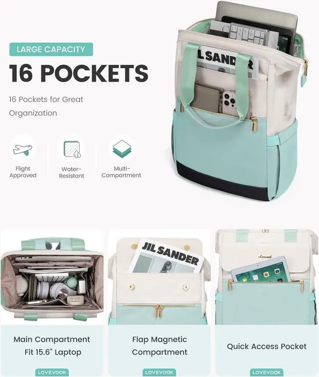 Alt view image 2 of 5 - LOVEVOOK Laptop Backpack for Women, 15.6 Inch Work Laptop Bag with USB Port, Fashion Teacher Nurse Backpack Purse, Waterproof Travel Computer Backpack with Organizer Bag, 2PCS, Beige-Mint Green