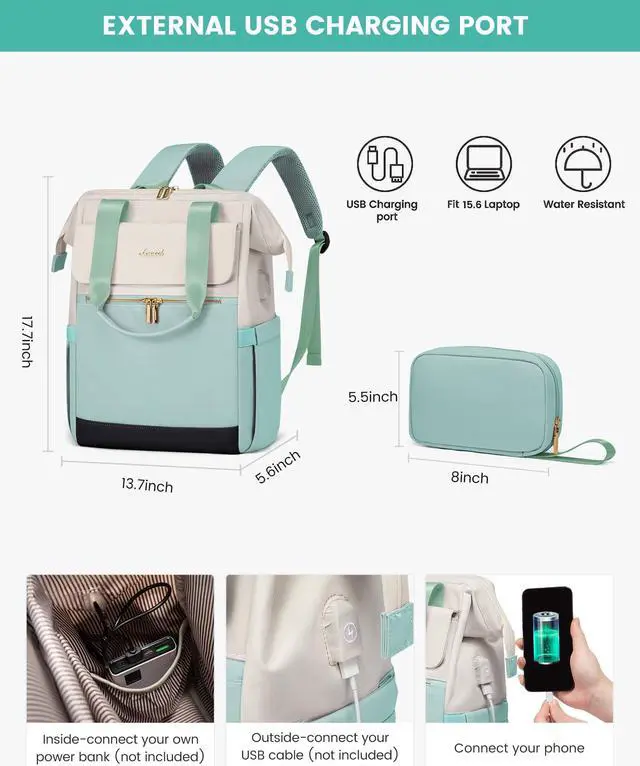 Alt view image 4 of 5 - LOVEVOOK Laptop Backpack for Women, 15.6 Inch Work Laptop Bag with USB Port, Fashion Teacher Nurse Backpack Purse, Waterproof Travel Computer Backpack with Organizer Bag, 2PCS, Beige-Mint Green
