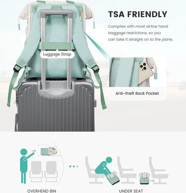 Alt view image 5 of 5 - LOVEVOOK Laptop Backpack for Women, 15.6 Inch Work Laptop Bag with USB Port, Fashion Teacher Nurse Backpack Purse, Waterproof Travel Computer Backpack with Organizer Bag, 2PCS, Beige-Mint Green