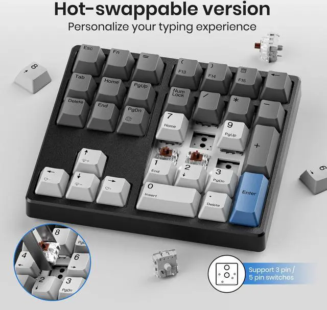 Alt view image 5 of 5 - Kisnt Mechanical Number Pad, 34 Key Hot Swappable Numpad with Gateron Switches Wired USB Numeric Keypad with PBT Keycaps White Backlit Keypad for Laptop, Mac, PC Desktop (Brown Switch)