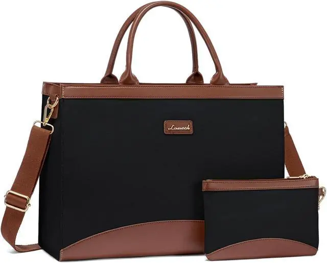 Main image of LOVEVOOK Laptop Tote Bag for Women 15.6 Inch Large Capacity Work Bag with Clutch Purse for Teacher, Canvas Computer Bag for Business fits Office College Travel Black & Brown