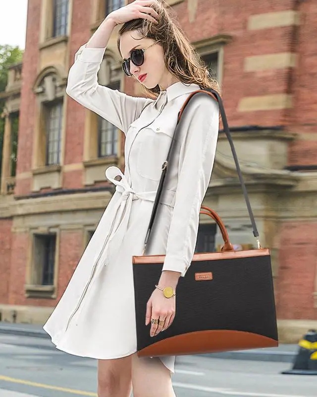Alt view image 2 of 5 - LOVEVOOK Laptop Tote Bag for Women 15.6 Inch Large Capacity Work Bag with Clutch Purse for Teacher, Canvas Computer Bag for Business fits Office College Travel Black & Brown