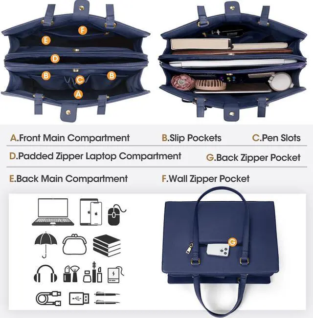 Alt view image 2 of 5 - Laptop Bag for Women 15.6 inch Laptop Tote Bag Waterproof Leather Computer Bag Large Lightweight Briefcase Professional Business Office Work Bag Blue
