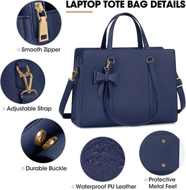 Alt view image 4 of 5 - Laptop Bag for Women 15.6 inch Laptop Tote Bag Waterproof Leather Computer Bag Large Lightweight Briefcase Professional Business Office Work Bag Blue