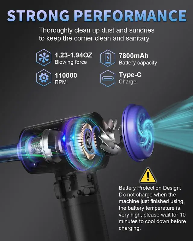 Alt view image 4 of 5 - CLEVAST Compressed Air Duster Electric Air Blower, 3 in 1 Versatile with LED, Cordless Dust Spray & Mini Vacuum & Inflating for PC, Computer, Keyboard, Rechargeable Canned Air, 3 Gear 110000RPM